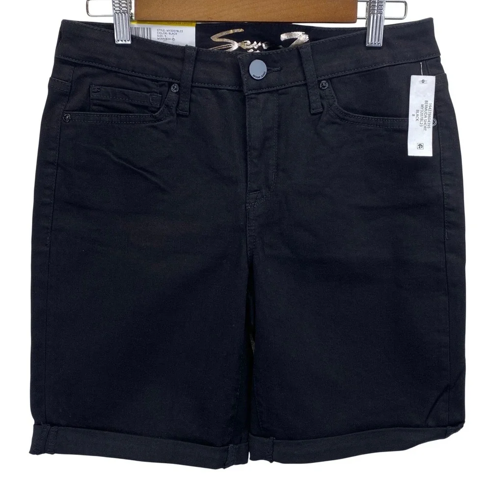 Seven 7 Jeans Sunset Bermuda Black Rolled Cuff Shorts Size 8 Stretch NWT